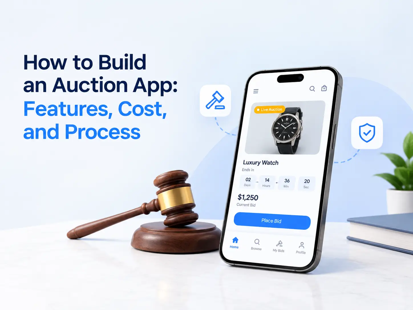How to build an auction app: smartphone showing a live auction interface with a luxury watch, current bid, and Place Bid button beside a wooden auction gavel.